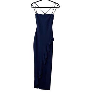 Navy Formal Slit Dress With Ruffles